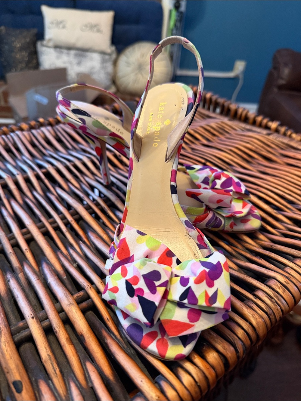 kate spade Multicolor Heart-Print Slingback Heels with Bow